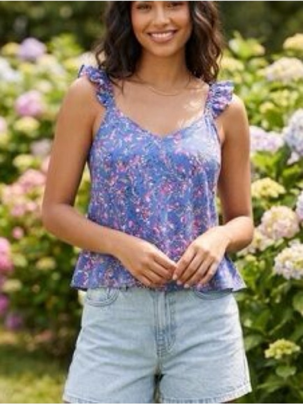 French connections Blue Floral Ruffle Strap Tank Top  Top xs NWOT